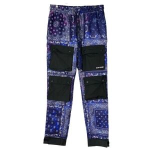 EPTM Purple Blue Paisley Cargo Pants M/32 Drawstring Elastic Waistband Pockets